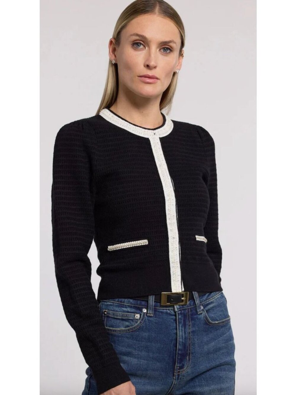 Generation Love Leonora Cardigan Blazer Black White Pearl Rhinestone Trim Small